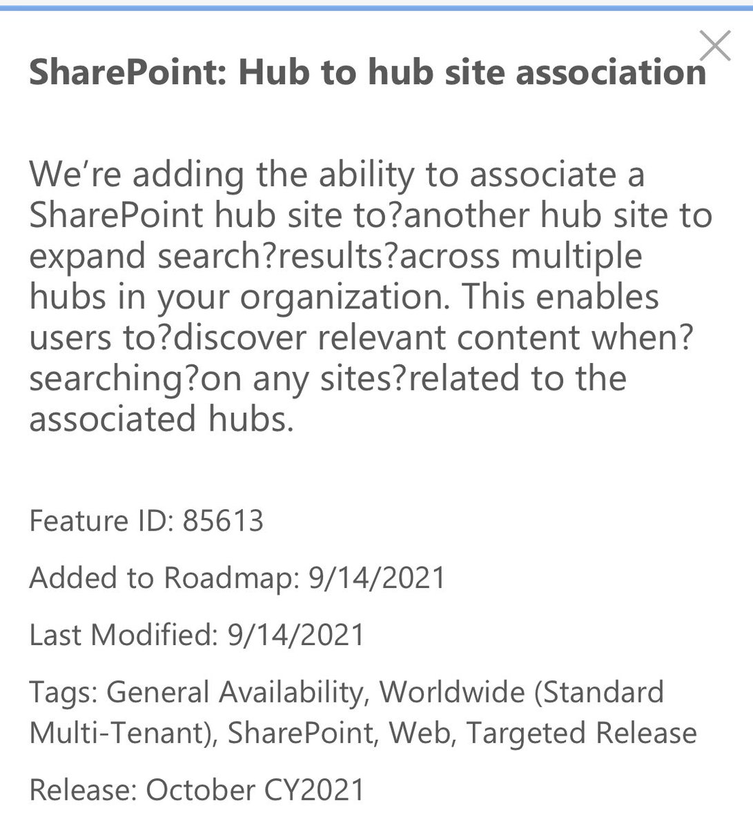 Here is a long awaited update for #SharePoint online. Associated hubs are on the way. Coming October 2021!