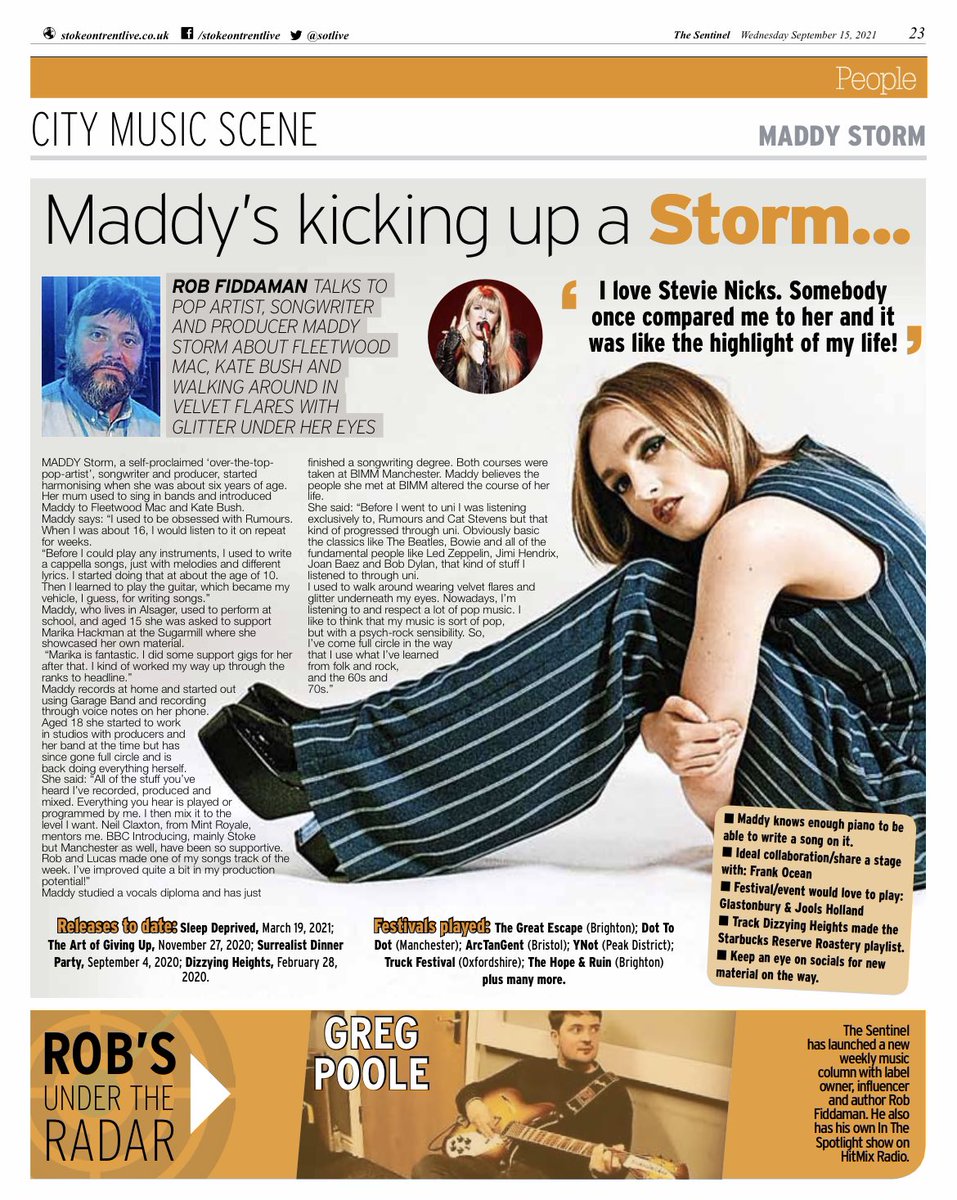 This week for City Music Scene @Sotlive I had a  chat with @maddystormmusic . Under the radar this week is @gnpoole . #citymusicscene #newmusic