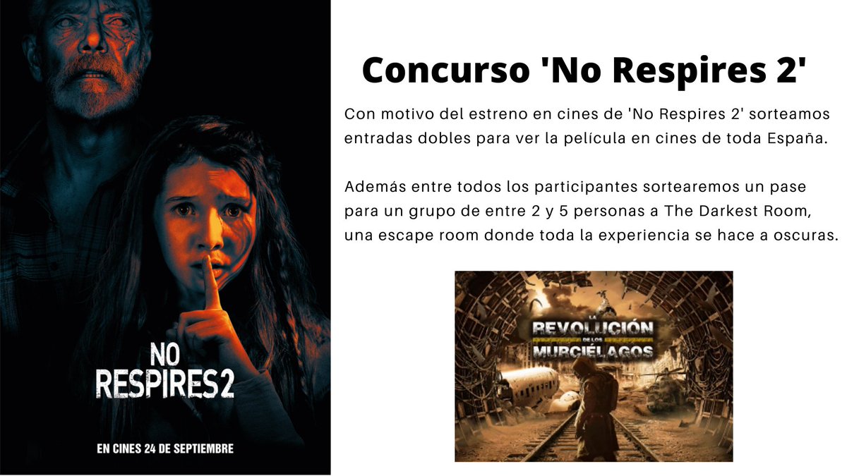 AulliChollos's tweet photo. #CONCURSO 'No Respires 2' 
 Sorteamos pases para una Escape Room a oscuras y entradas dobles para ver la película en cines de toda España.

Para participar:
▷ Seguir a @AulliChollos
▷ Seguir a @chollospelis 
▷ RT + Etiquetar a un amigo

+ Info:
https://t.co/dkT8cW2jxd https://t.co/eSHeVDzQd5