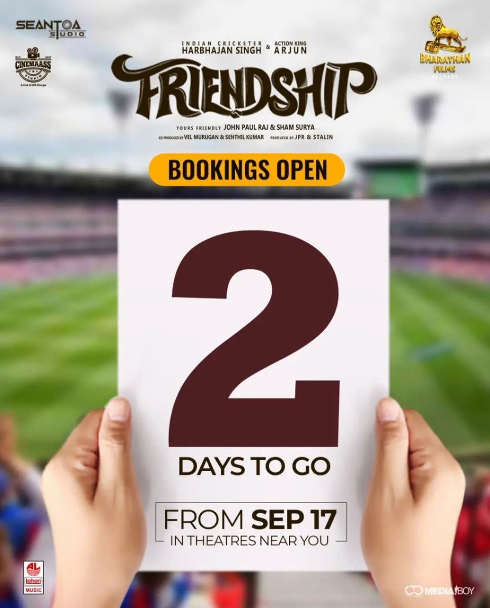 #FriendshipFromSep17 

2 days to go

@harbhajan_singh @akarjunofficial #Losliya @actorsathish @JPRJOHN1 @shamsuryastepup @CinemaassS @Music_UdhayDM @RIAZtheboss @JSKfilmcorp @LahariMusic @_sakthi_vel