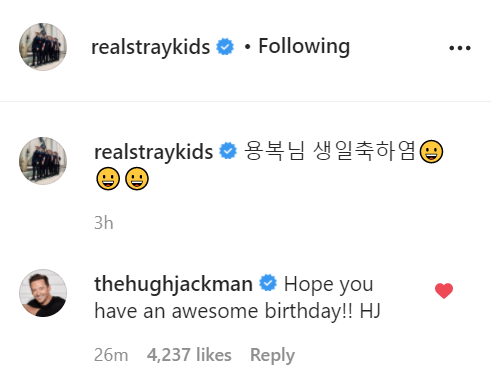Omg??? hugh jackman commented under lee know\s happy birthday post for felix   