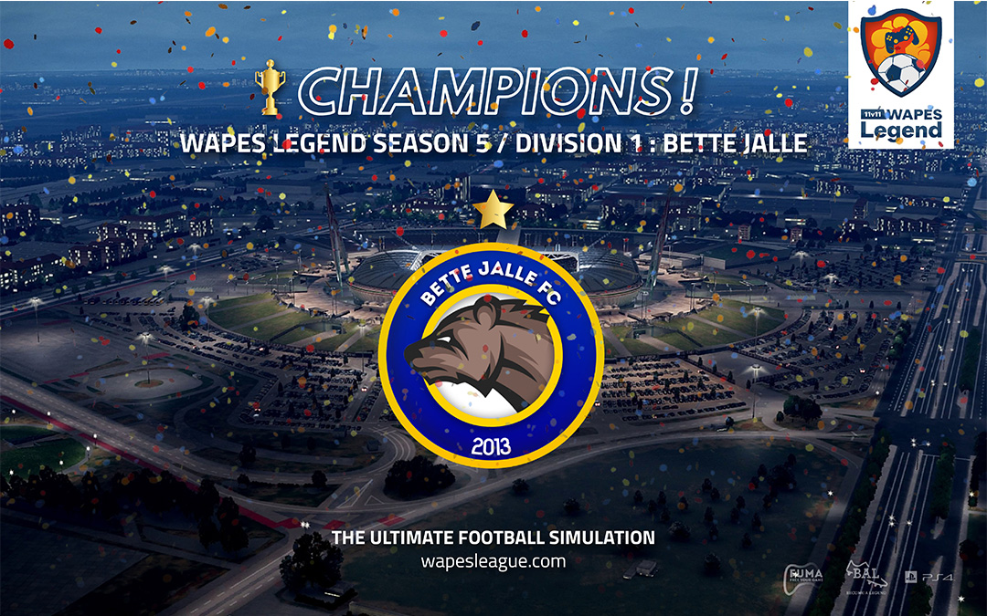 WAPES Legend S5
FINAL RESULTS🏆

12 teams, 215 players, 132 games played, 342 goals scored! This season was played at an incredible high level of football. Congratulations to <a href="/BetteJalle/">Bette Jalle FC</a> Champions of Division 1🎉Who have been crushing opponents with determination👏 

Thread👇👇👇
