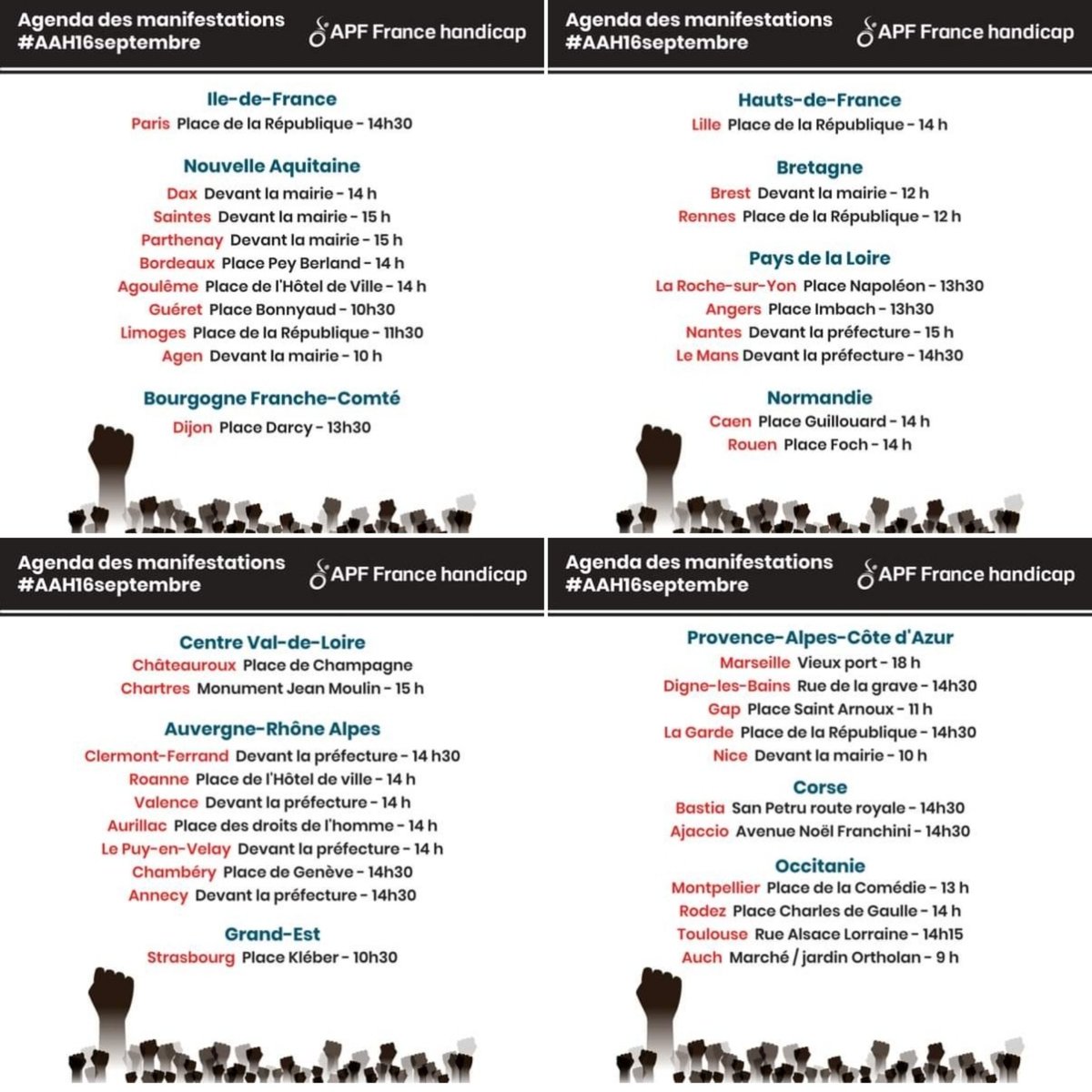 Les Amis, APF France Handicap se bat pour nos droits ! 
Allons tous manifester demain à ses côtés partout en France pour la NON prise en compte des revenus du conjoint dans calcul de l'AAH !
<a href="/AccessibleTOUS/">♿ Accessible POUR TOUS ♿</a> est aux côtés de <a href="/apfhandicap/">APF France handicap</a> !
#DéconjugulationAAH #AAH16septembre #AAH