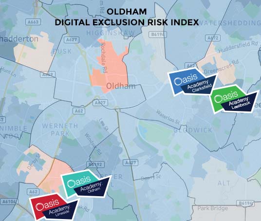 egisly's tweet image. Look at the #DigitalExlusionRiskIndex for #Oldham, you can see why it was so important that @OasisAcademies put an iPad in every child's hand last year. @OCLNorth works in the heart of our most excluded communities and children must not be excluded from digital access.