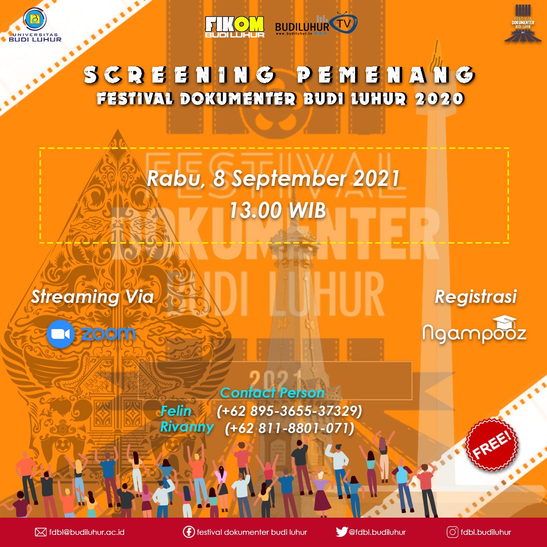 Pada hari Rabu, 8 September 2021 telah berlangsung acara Screnning Film Festival Dokumenter 2020 sekaligus launching  Festival Dokumenter Budi Luhur 2021. Berita selengkapnya bisa dibaca lmk.budiluhur.ac.id/2021/09/14/scr…