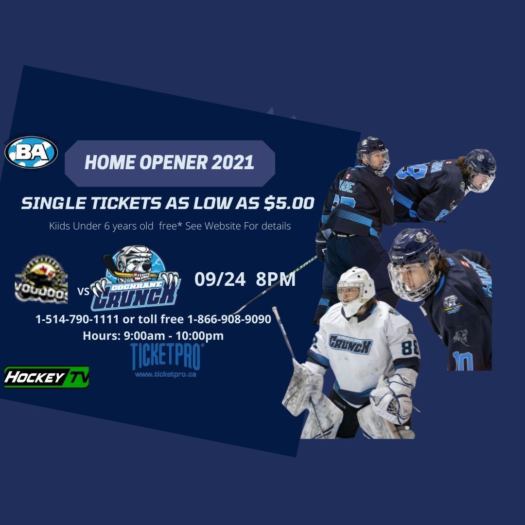 TS THE FINAL COUNT DOWN!     Home Game Opener September 24, 2021! Lets Get Loud!  LETS PACK THE HOUSE WITH COCHRANE FANS! 
BUY YOUR TICKETS TODAY!  cochranecrunch.com