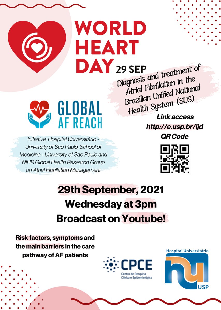 af_reach's tweet photo. #WorldHeartDay is in 2 weeks! Join students, researchers and clinicians from the #UniversityofSaoPaulo to hear about the diagnosis and treatment of #AFib (broadcast in Portuguese)! 
#Brazil #AtrialFibrillation #AF @NIHRglobal @NIHRresearch #NIHRglobalhealth https://t.co/s20tRqJnjV
