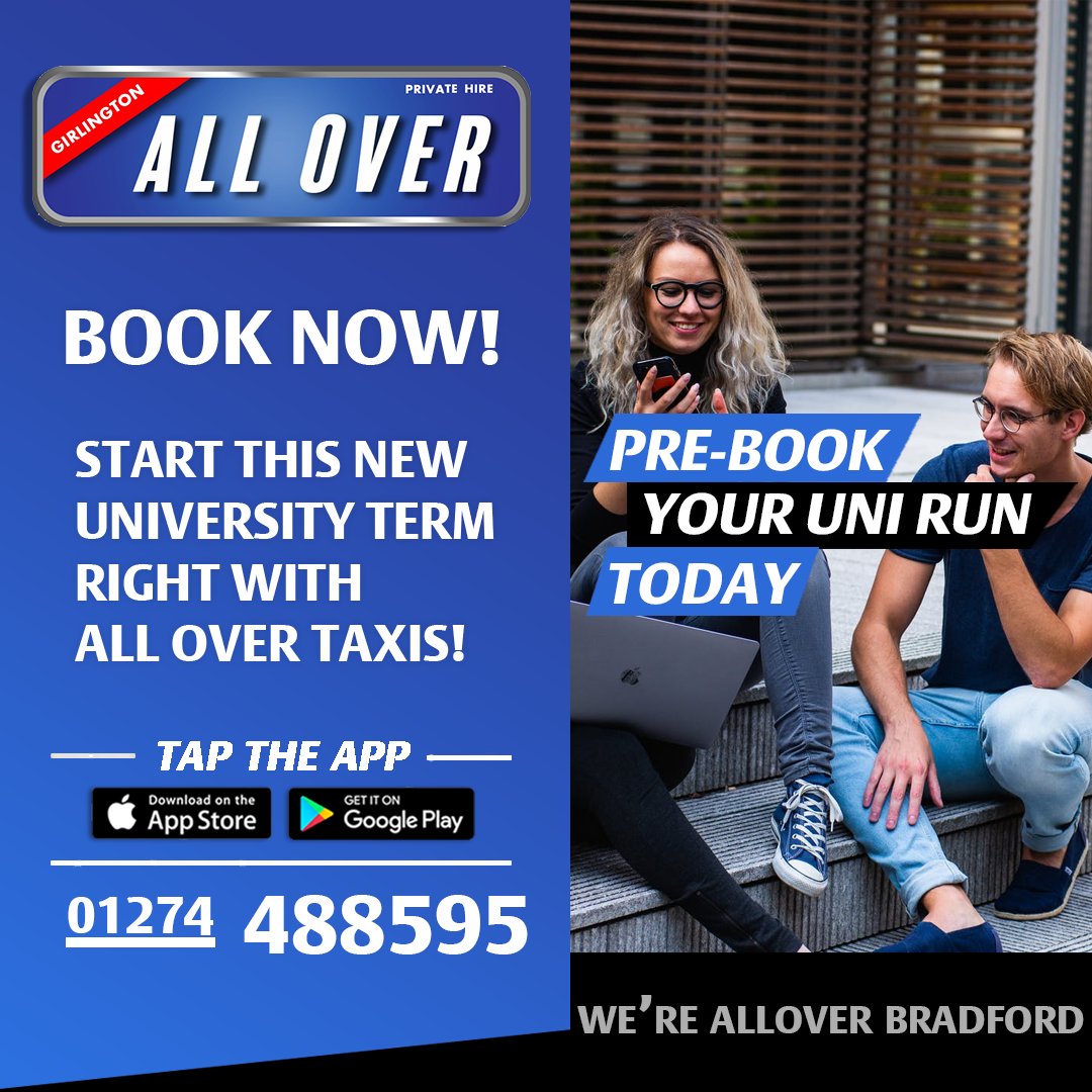 Don’t forget to pre-book your Uni runs with All Over Taxis! 
 
Download the FREE app today: onelink.to/regsnt
01274 488595
Girlington.co.uk
.
.
.
#ThinkTravelThinkTaxi #AllOverTaxisBradford #app #university #bradforduni