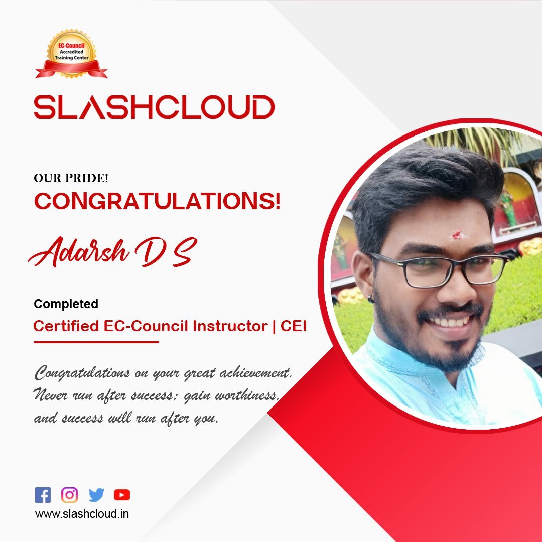 Adarshdscyber's tweet photo. @slash_cloud 
Successfully completed the CEI Certification from EC-Council.

Thank You @slash_cloud  for the opportunity.

Thankyou @pratheeshkamal  sir, @varunkavil  sir and @Sarath sir for continuous Motivation and support. https://t.co/FCdMXxrV1m