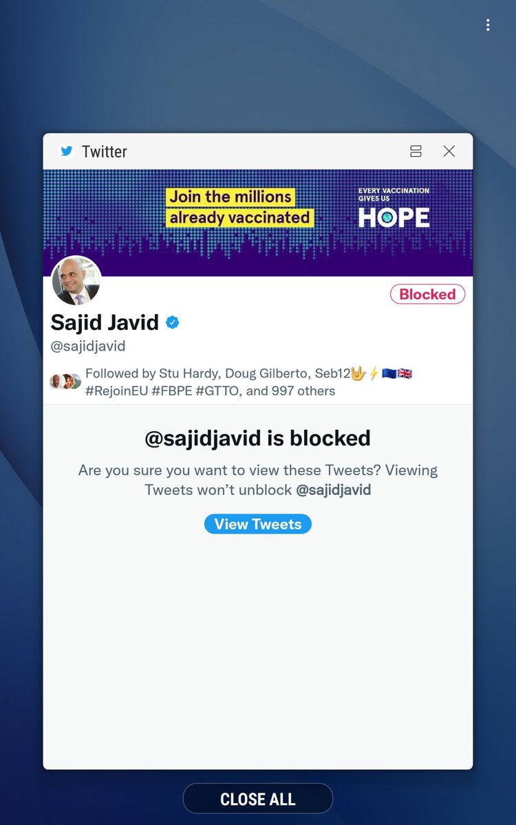 SandraDunn1955's tweet photo. #BlockSajidJavid #BlockReesMogg #BlockBorisJohnson #BlockToryBots
Follow @lloydhardy @Angie_RejoinEU https://t.co/inyhwFgXh5