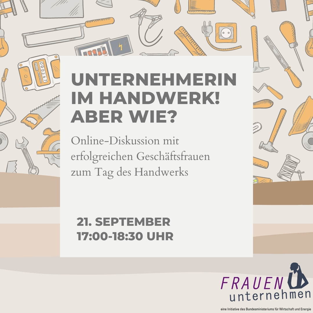 BMWE_'s tweet photo. #Veranstaltungstipp am #MittelstandsMittwoch: Sie sind #Handwerkerin und möchten ein #Unternehmen gründen? Wo fängt man an und worauf ist zu achten? Zum #tagdeshandwerks am 21.09. bietet @FRAUENunternehm eine Online-Diskussion zu „Unternehmerin im #Handwerk! – Aber wie?“ an. 🛠️ https://t.co/VB9upd7BOv