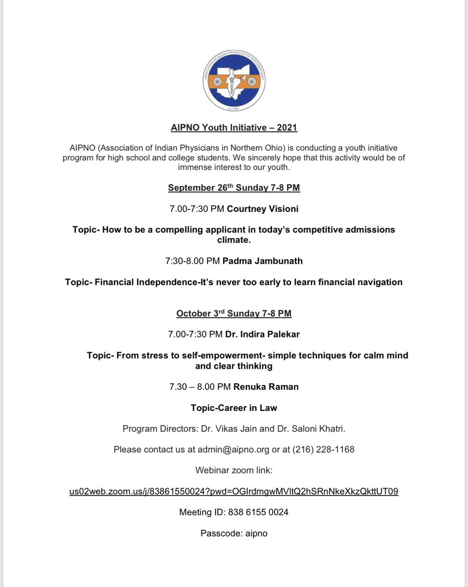aipno_us's tweet photo. AIPNO is conducting its youth initiative program for high school and college students to educate our younger generation about various career options outside the field of medicine and seed some knowledge about college admissions. please register at https://t.co/8h9FVBKprS https://t.co/sism7QZApi