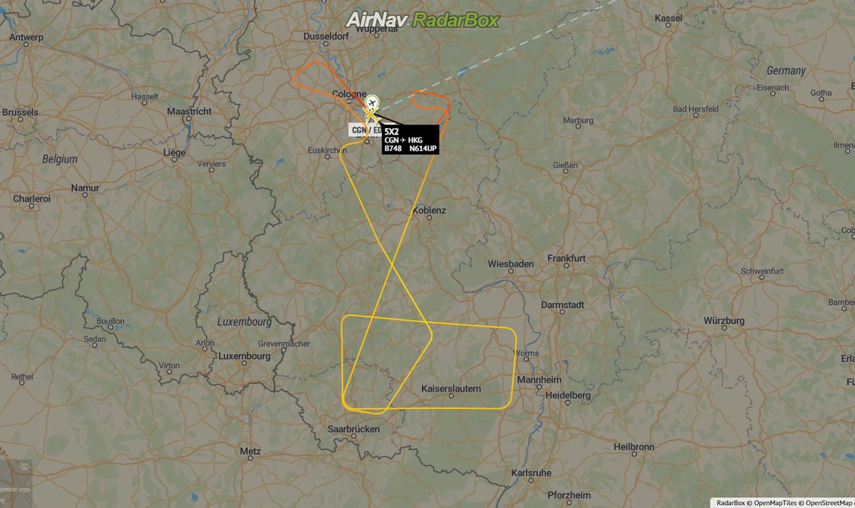AirNavRadar's tweet photo. A UPS Boeing 747-8U (N614UP) from #Cologne to #HongKong returned to #CGN 01h50 minutes after takeoff. ✈️
#UPS2 flight data:
https://t.co/e4kuDlk0l9
#UPS #Boeing747 #Germany #RadarBox https://t.co/LkkzDF25sX