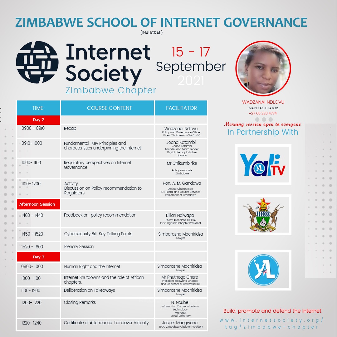 Happening This week

#ZimbabweSchoolOfInternetGovernance

#ZSIG
<a href="/wadziewawi/">Wadzanai Chihombori-Ndlovu</a> <a href="/ISOC_Foundation/">Internet Society Foundation</a> <a href="/ISOC_Africa/">Internet Society Africa</a> <a href="/zigfonline/">Zimbabwe Internet Governance Forum (ZIGF)</a>