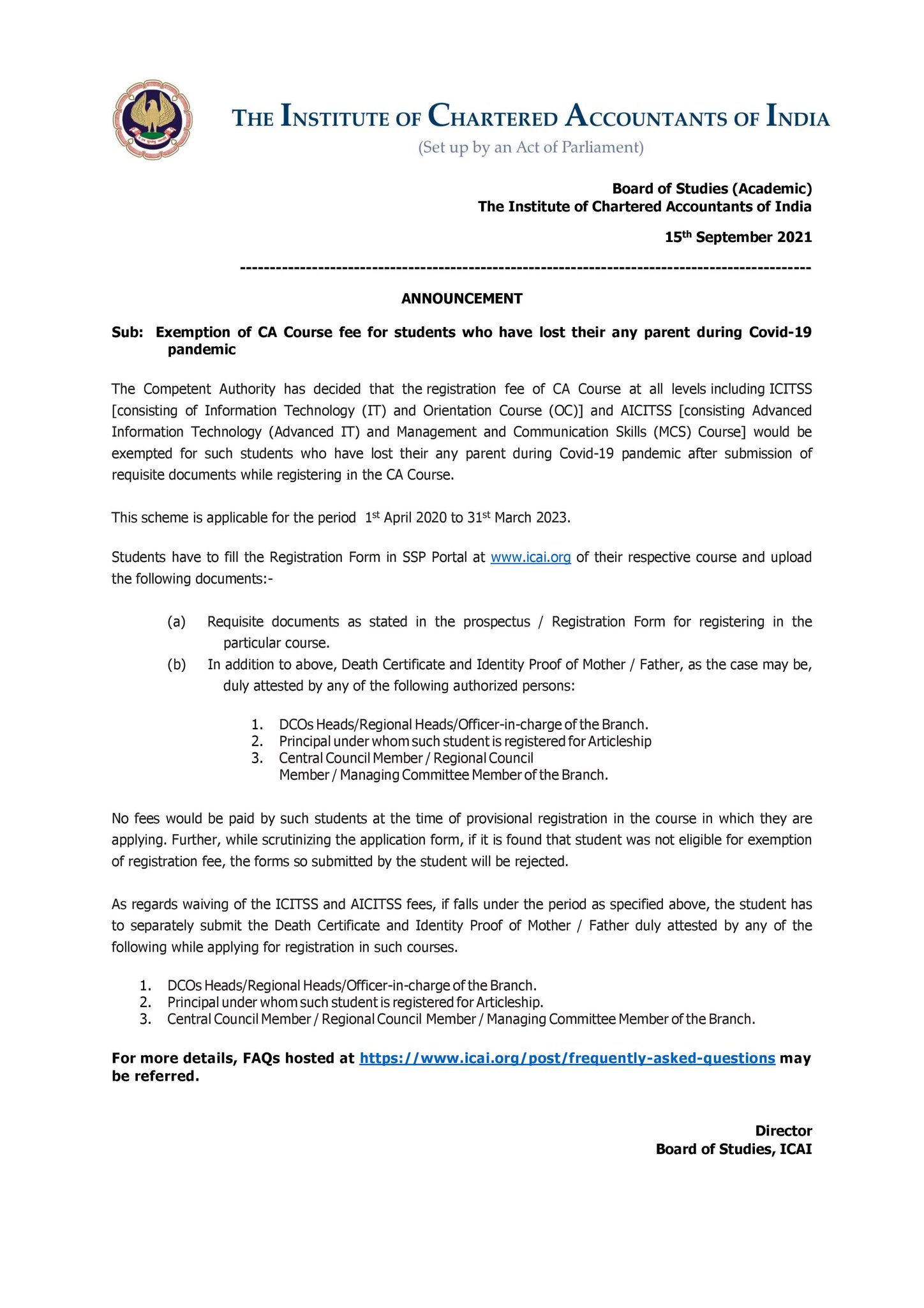 Institute of Chartered Accountants of India ICAI on Twitter "Important Announcement