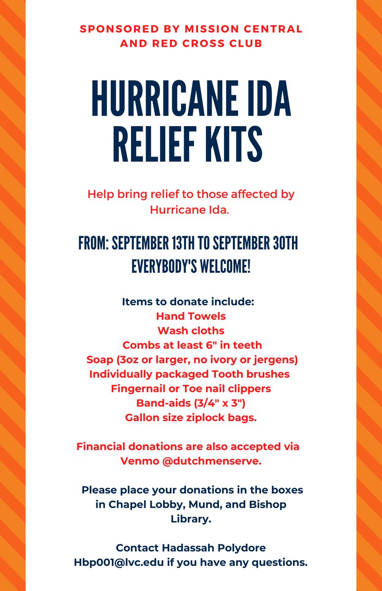 LVC_SG's tweet photo. Happy Wednesday, Dutchmen! Red Cross Club is partnering with Mission Central to gather donations for Hurricane Ida relief for those in need. Please consider making a contribution of one of these desired items listed below or a monetary donation in support of their efforts! https://t.co/axRQJOGVCQ