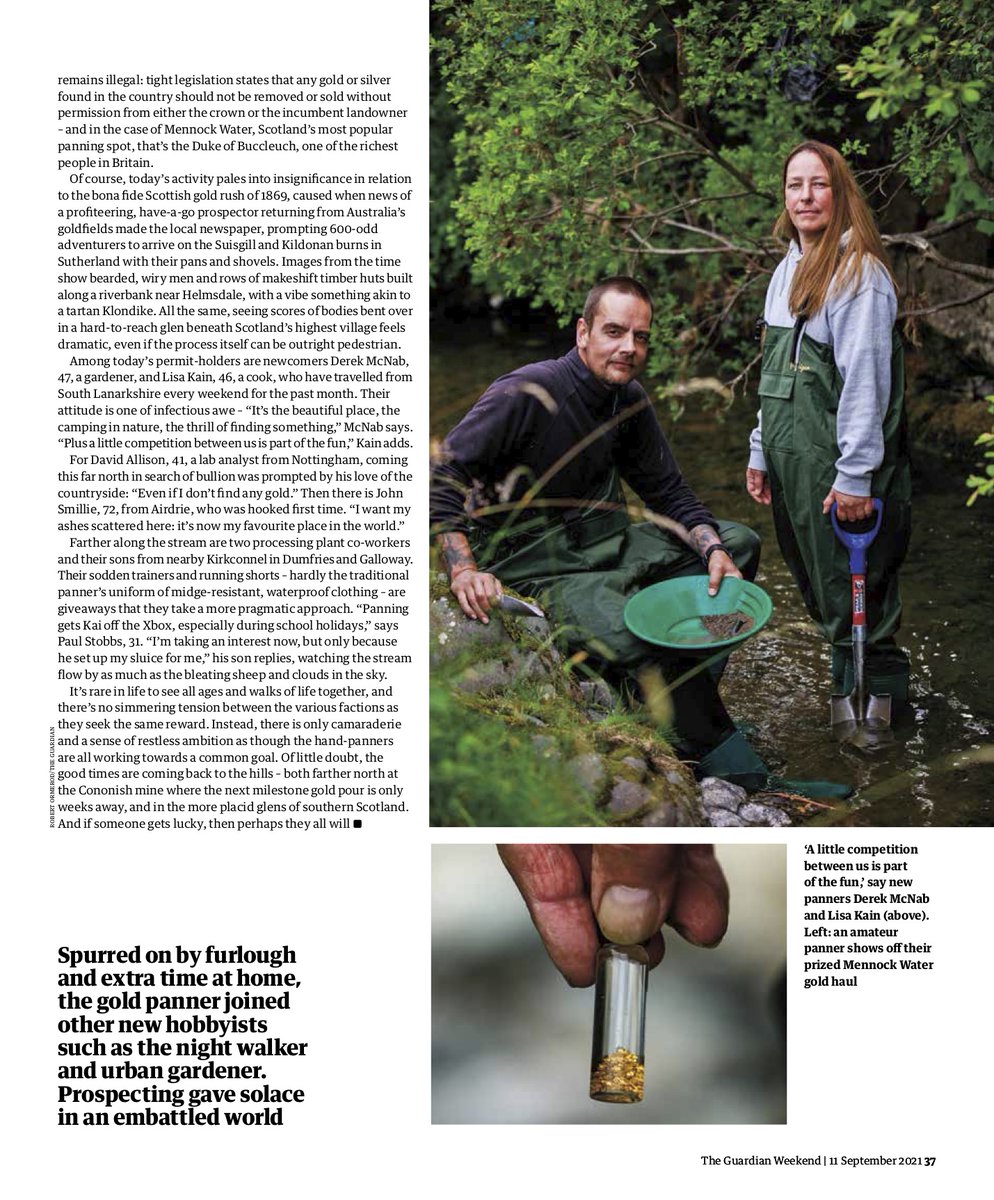 My pitch on the UK's only working gold mine, and the amateur gold panners who spend every weekend in rivers across Scotland, published in the @guardianweekend 
Massive thank you to <a href="/ruthlewy/">Ruth Lewy</a> @scotgold <a href="/StBridesP/">St Brides Partners</a>, the gold panners who participated. Great words by <a href="/MikeMacEacheran/">Mike MacEacheran ✍️</a>