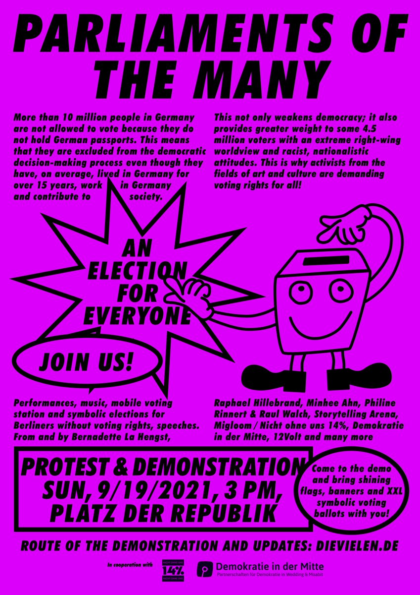 KoaFreieSzeneB's tweet photo. Sonntag 19. September 14 Uhr AKTIONSTAG: DIE PARLAMENTE DEN VIELEN Wahlrecht für alle! - Sunday Sept 19 2pm PROTEST DEMO: PARLAMENTS OF THE MANY an election for everyone https://t.co/tCwdR8134U via @DieVielen #b1909 #uniteandvote #dieparlamentedenvielen #Wahlrecht #electorallaw https://t.co/xkObVNoIXD