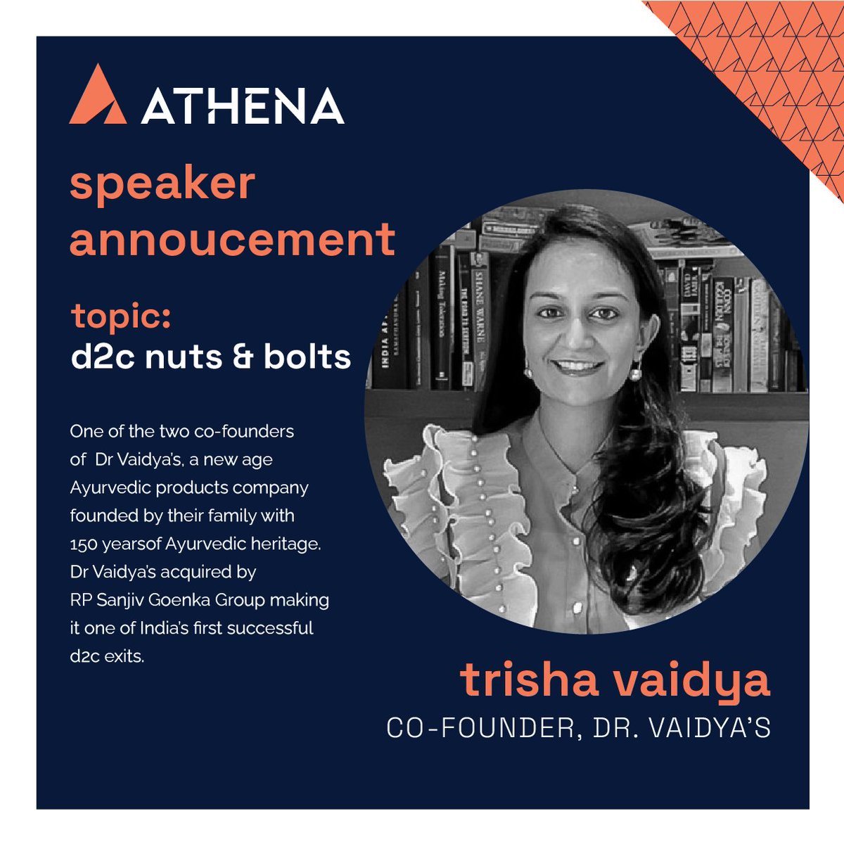 #SpeakersatAthena

Trisha Vaidya s experience in the business world comes from a long lineage of entrepreneurs &amp; her own unique perspective earned over the years in the business.
She has managed to get one of the first successful exits for a d2c startup.

#AnthillAthena