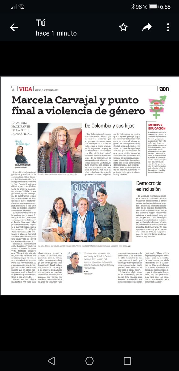 paolaruedalopez's tweet image. Entrevista de Perfil con enfoque de género a la actriz @mcarvajal28 a propósito de la serie Punto Final que aborda violencia de género. Me encantó. Hoy publicada en @adncolombia en la Sección #EquidaddeGéneroesADN con @paolaruedalopez
#Serompeeltechodecristal
#Empoderarse