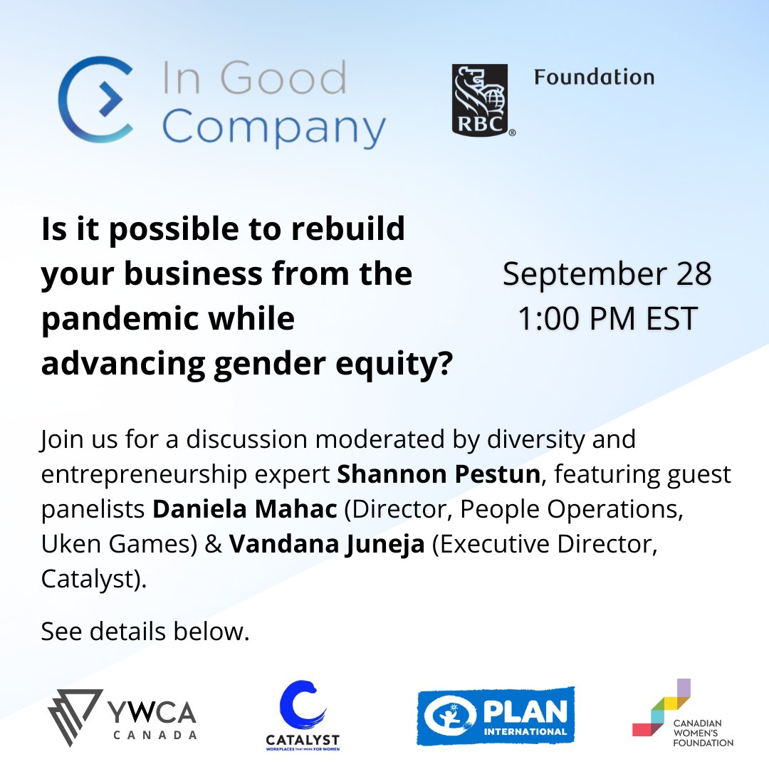 Canadian Women's Foundation (@cdnwomenfdn) on Twitter photo #BusinessOwners in #Canada: In Good Company has everything you need to know about rebuilding your biz from the #pandemic while advancing #genderequity.
Register now: bit.ly/3yfwY3r
(Thanks/merci <a href="/RBC/">RBC</a> <a href="/shannonpestun/">Shannon Pestun</a> <a href="/ms_juneja/">Vandana Juneja</a> Daniela Mahac!) #BusinessOwners in #Canada: In Good Company has everything you need to know about rebuilding your biz from the #pandemic while advancing #genderequity.
Register now: bit.ly/3yfwY3r
(Thanks/merci <a href="/RBC/">RBC</a> <a href="/shannonpestun/">Shannon Pestun</a> <a href="/ms_juneja/">Vandana Juneja</a> Daniela Mahac!)