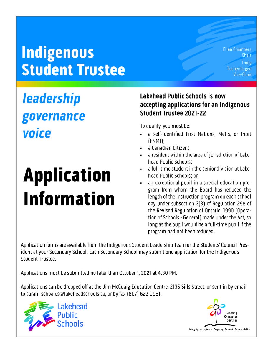 LakeheadSchools's tweet image. The Lakehead District School Board is seeking student applicants for the position of Indigenous Student Trustee! Interested students can view the attached posters for details and submit an application through their school by October 1st. #LPStb