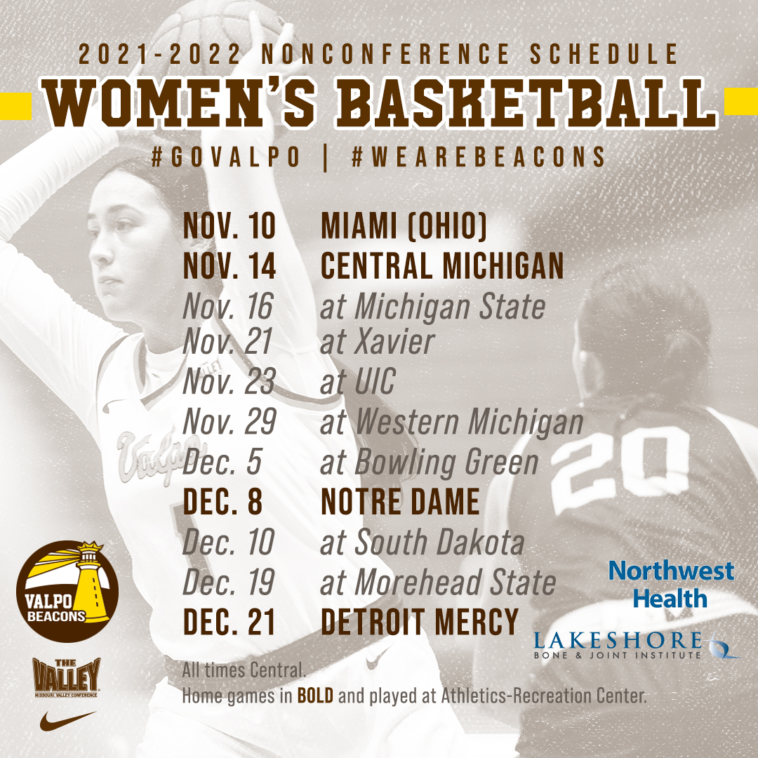 Get ready for some 🏀 - the <a href="/ValpoWBB/">Valpo Women’s Basketball</a> schedule is here!

First up - the nonconference slate:
🏀 5️⃣ games versus top-100 NET teams from last year
🏀 Notre Dame visits the ARC on Dec. 8

#GoValpo #WeAreBeacons #MVCHoops