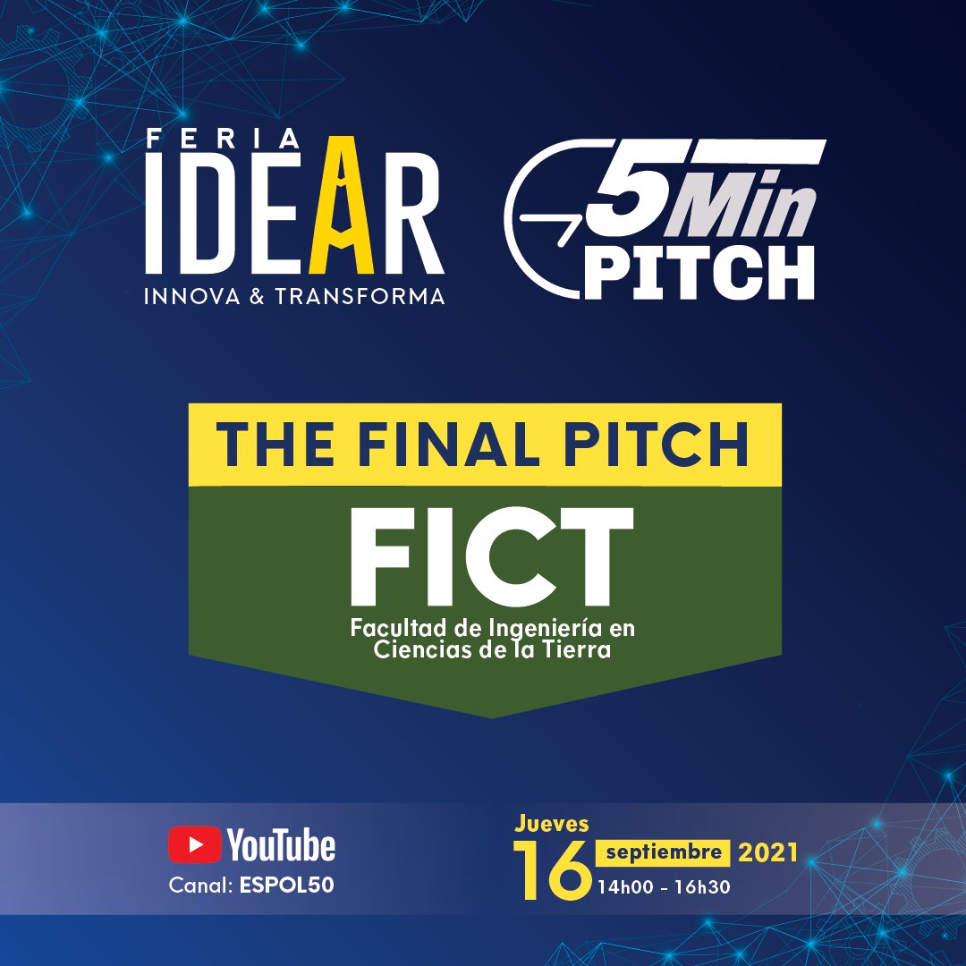 Este jueves 16 de septiembre los finalistas de las carreras de Ingeniería en Ciencias de la Tierra, expondrán su proyecto integrador en la #FeriaIDEAR en la final de la competencia #5MinPitch

En Vivo ▶ youtube.com/watch?v=yPtg3c… 

#TheFinalPitchFICT  #ADNESPOL
¡Te esperamos!