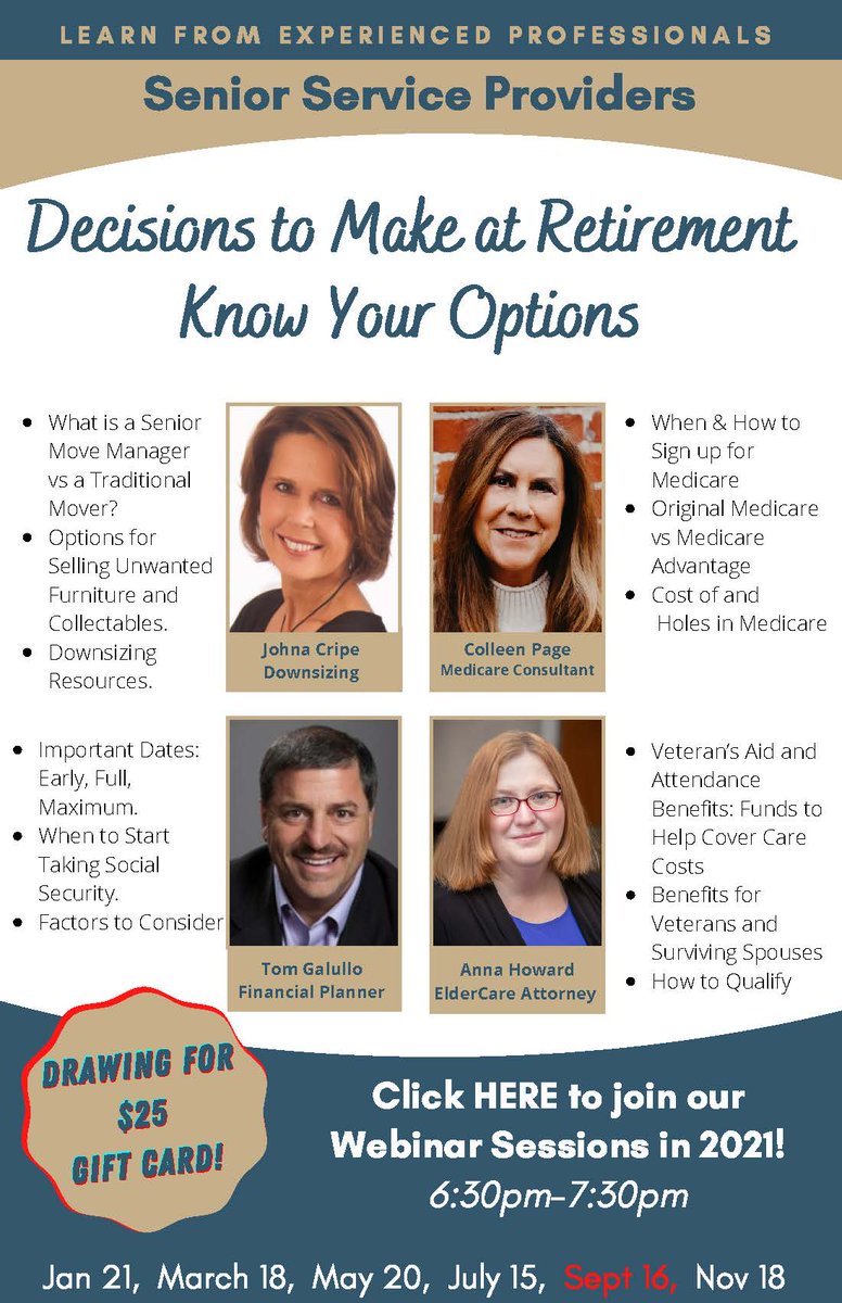 The next seminar in the Zoom Seminar Series "Learn from the Best Senior Service Providers" is TOMORROW September 16, 2021!  We are giving away a $25 gift card to one lucky attendee!  To register click the link below.
us02web.zoom.us/.../reg.../WN_…