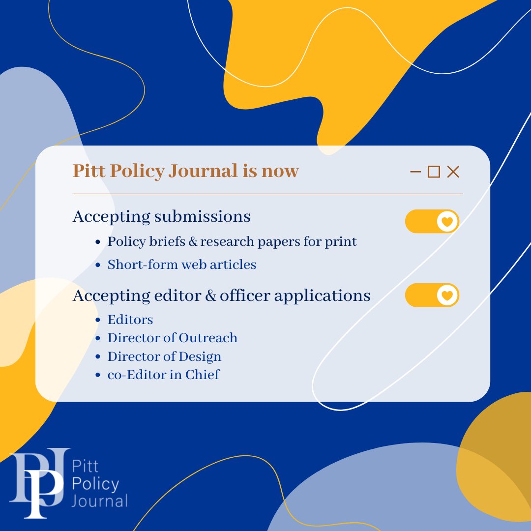 PittPolicy's tweet image. PITT POLICY JOURNAL KICK OFF!

We are now opening submissions for policy briefs, research papers, and short-form web articles. We are also taking applications for new editors and officers.

For more information, please check out the link in our bio!
