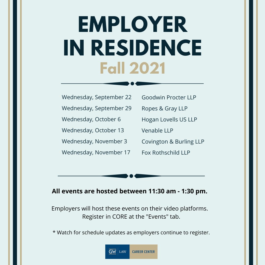 We're kicking off our Fall 2021 Employer In Residence Series next week with a virtual meet-and-greet with Goodwin Procter LLP! RSVP via CORE to network virtually with attorneys and to learn about firm practices and culture.