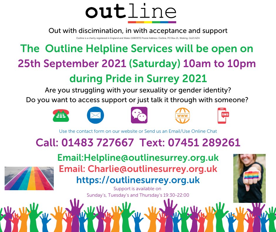 Outline Helpline Open 25th Sept 2021 for Pride in Surrey. Check out our Website for more information.

outlinesurrey.org.uk/pis2021hlopen2…