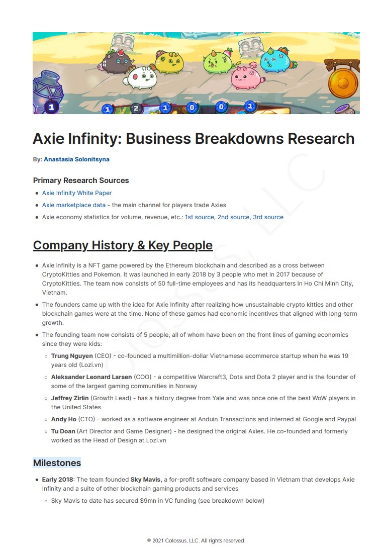patrick_oshag's tweet photo. For every podcast these days, the @joincolossus team prepares deep research. We are toying with sharing that as part of our process. 

Here's a test: our report on Axie Infinity that helped me prep for today's podcast

Feedback welcome

https://t.co/Xw59GA06S6 https://t.co/9Ci6MBgggs
