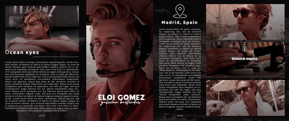 ⠀    
⠀     ✩ ┊ 𝓔𝙇𝙊𝙄 𝓖𝙊́𝙈𝙀𝙕 ┊ ✩

                 𝑆𝑒𝑛𝑡𝑖𝑑𝑖𝑛̃𝑜, 
     𝑞𝑢𝑒 𝑐𝑎𝑏𝑒𝑧𝑎 𝑡𝑒𝑛 𝑐𝑎𝑙𝑞𝑢𝑒𝑟𝑎.

     ꕥ Un gallego en Madrid.
     ꕥ Biotecnología.
     ꕥ Camarero.

           #FreeRol  ❰ ⟳ | ♡ ❱