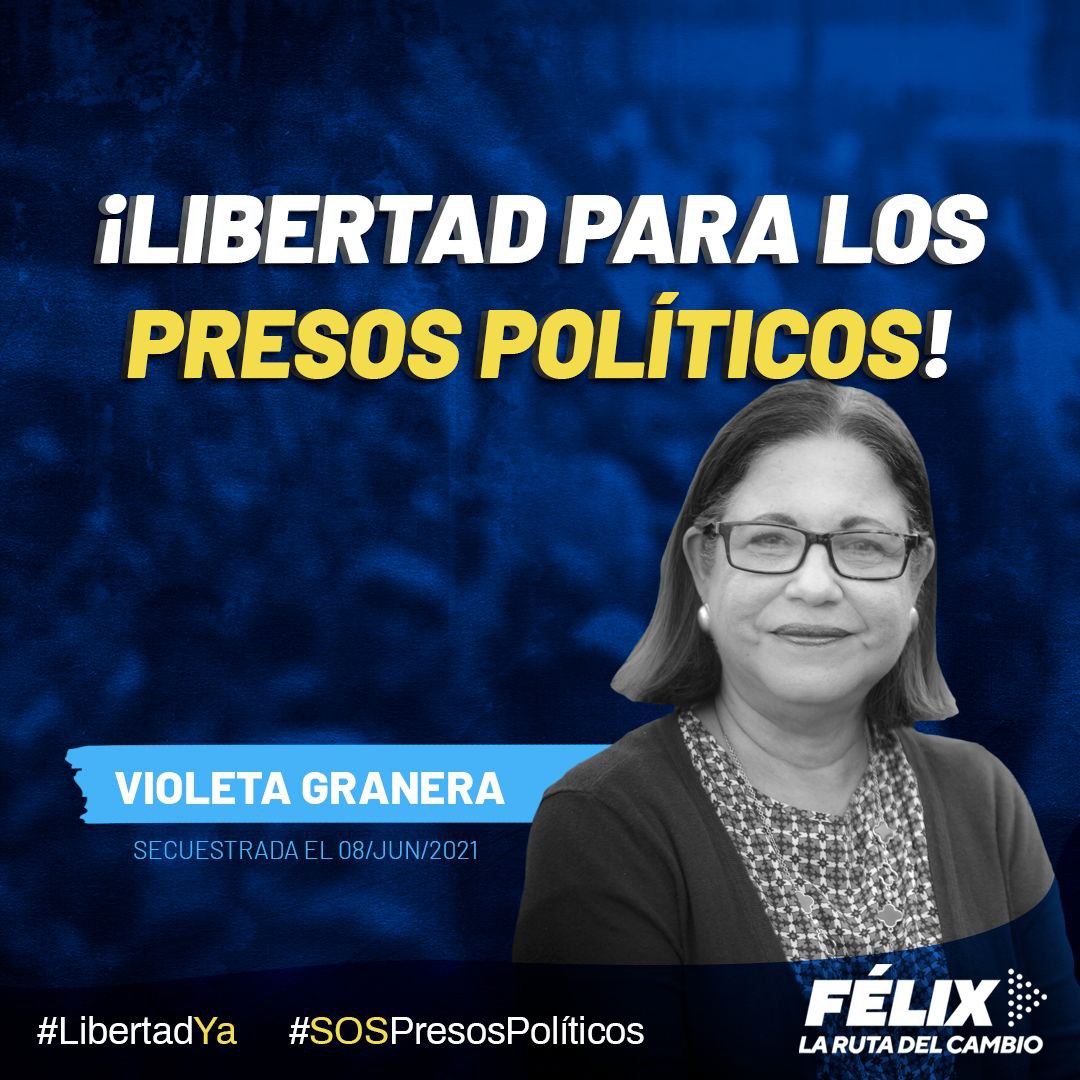 Violeta Granera Sacasa, Socióloga, secuestrada el 8 de Junio de 2021, cumple hoy 97 de días de encarcelamiento ilegal e injustificado.

Es una destacada opositora miembro de la Unidad Azul y Blanco,... 1/2
