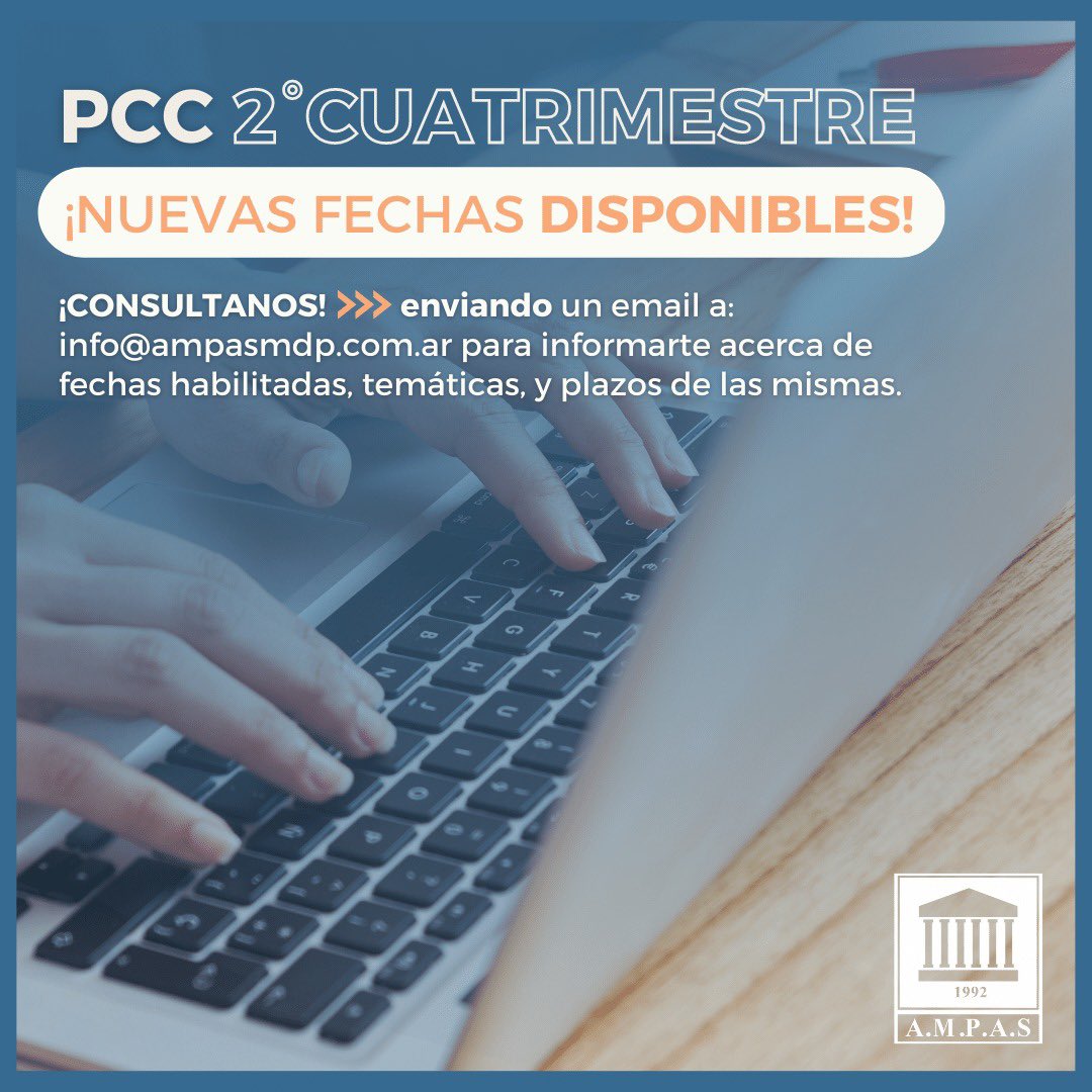 ampasoficial's tweet photo. 📌Capacitación continuada obligatoria (2° cuatrimestre)

➤ Nuevas fechas disponibles!

👉🏻Consúltanos enviando un mail a: info@ampasmdp.com.ar indicando en el asunto PCC 2021 https://t.co/yPet2xH5M9