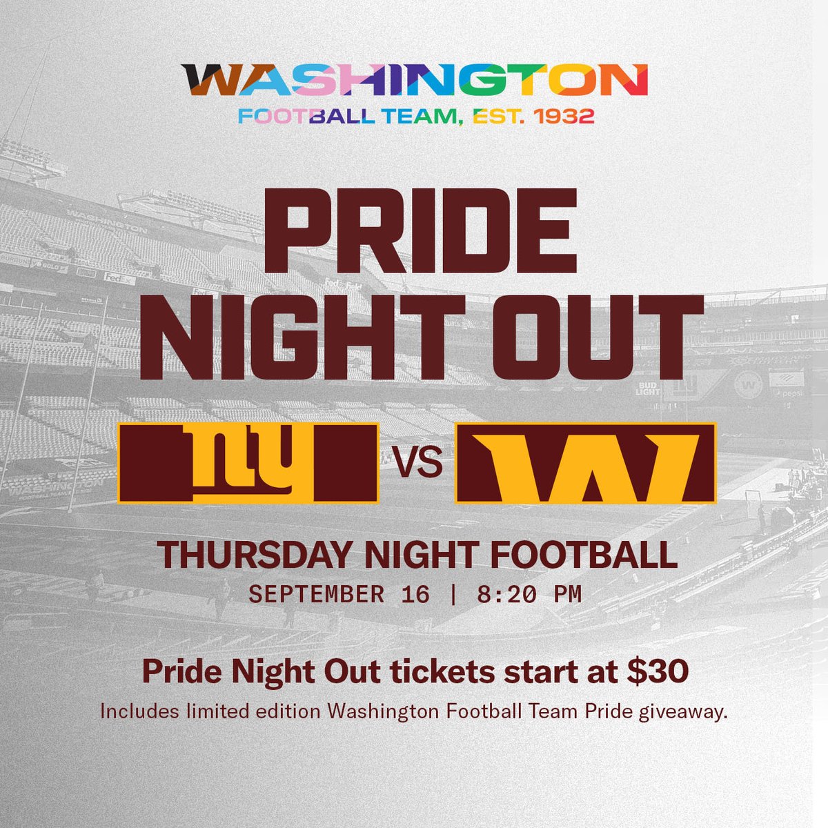 FedExField on X: We're excited to welcome the LGBTQ+ community and  supporters for our Pride Night Out event tomorrow night Group tickets start  at just $30! 🎟️ »   / X