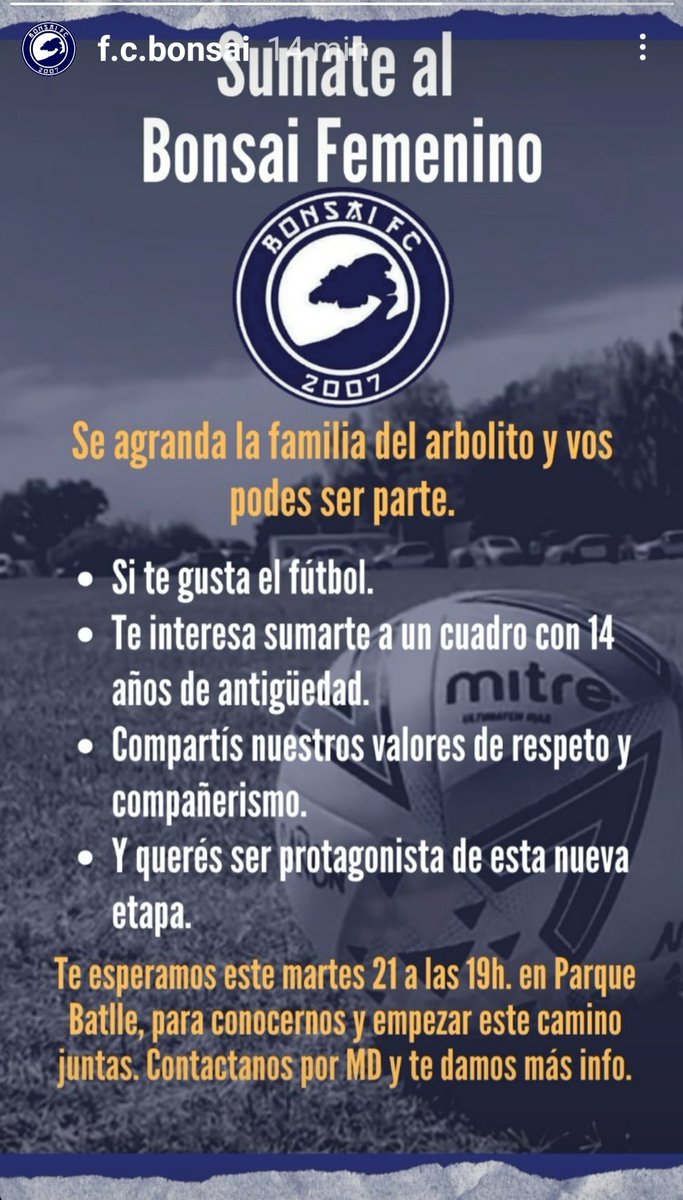 NOVEDADES !! Fútbol Femenino en <a href="/FcBonsai/">Bonsai FC</a> ! El arbolito crece y crece, no te quedes con las ganas de jugar con amigas! 
Se agradece difusión <a href="/LIGA_MVD/">LIGA MVD</a> <a href="/LIGAMVD_FEM/">LIGA MVD FEMENINO</a>
