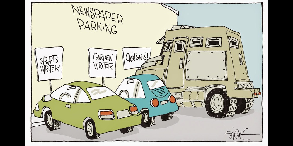 This wry cartoon by Signe Wilkinson, which won the 2015 World Press Freedom International Editorial Cartoon competition, sums up the dangers faced by cartoonists, which include censorship, lawsuits, attacks, and murder. (Signe Wilkinson)