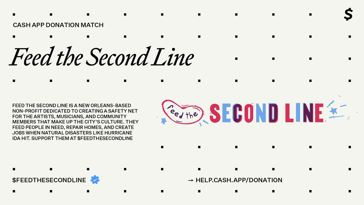 CashApp's tweet image. We’ve donated $25K to $FeedTheSecondLine as part of our initiative to support local organizations in Cash App’s community. We are also matching payments sent to their $cashtag up to an additional $10K. Support them at $FeedTheSecondLine 

feedthesecondline.org