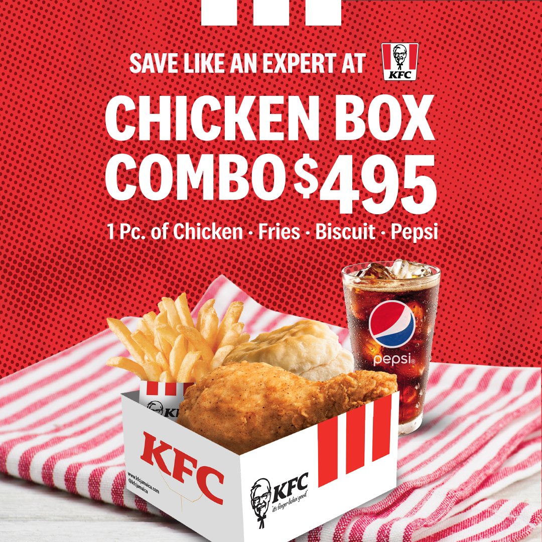 kfcjamaica's tweet photo. Become the master of your savings! ๐ฐ
For only $495, our Chicken Box combo๐ is the smart option for lunch. ๐
Visit KFC to save like an expert today!
#KFC #KFCJamaica #KFCSmartMenu https://t.co/3M9EsGuyot