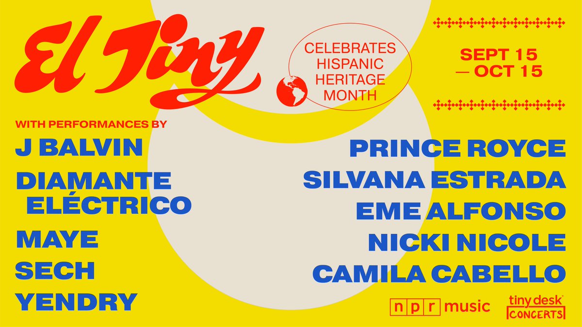 IT'S HAPPENING: Hispanic Heritage Month starts today, and we're celebrating at <a href="/nprmusic/">NPR Music</a> for the next 30 days with an Tiny Desk takeover. 

Join us for an epic month of "El Tiny" performances by the likes of <a href="/JBALVIN/">J BALVIN</a>, <a href="/Camila_Cabello/">camila</a>, <a href="/PrinceRoyce/">Prince Royce</a>, and more!