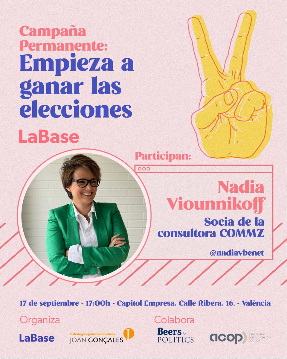 LaBaseGroup's tweet photo. 📢📢📢 Os presentamos a la sexta ponente del evento #CampañasPermanenteLB. 

👉 @nadiavbenet 👈

🔝 Socia de la consultora @COMMZES. Investigadora sobre comunicación institucional en COMMZLab. Actualmente gestiona @camerapolitics. https://t.co/CBDcg6bgrO