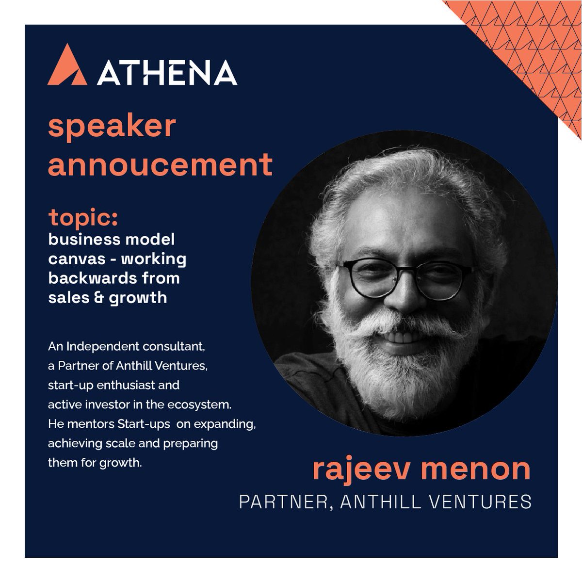 #SpeakersatAthena

An angel investor with a diverse portfolio and years of experience mentoring budding startups to success - <a href="/menonr1/">Mystic77</a>, Partner at Anthill Ventures, is here to take you through the blueprint of creating an impactful business model canvas.

#AnthillAthena