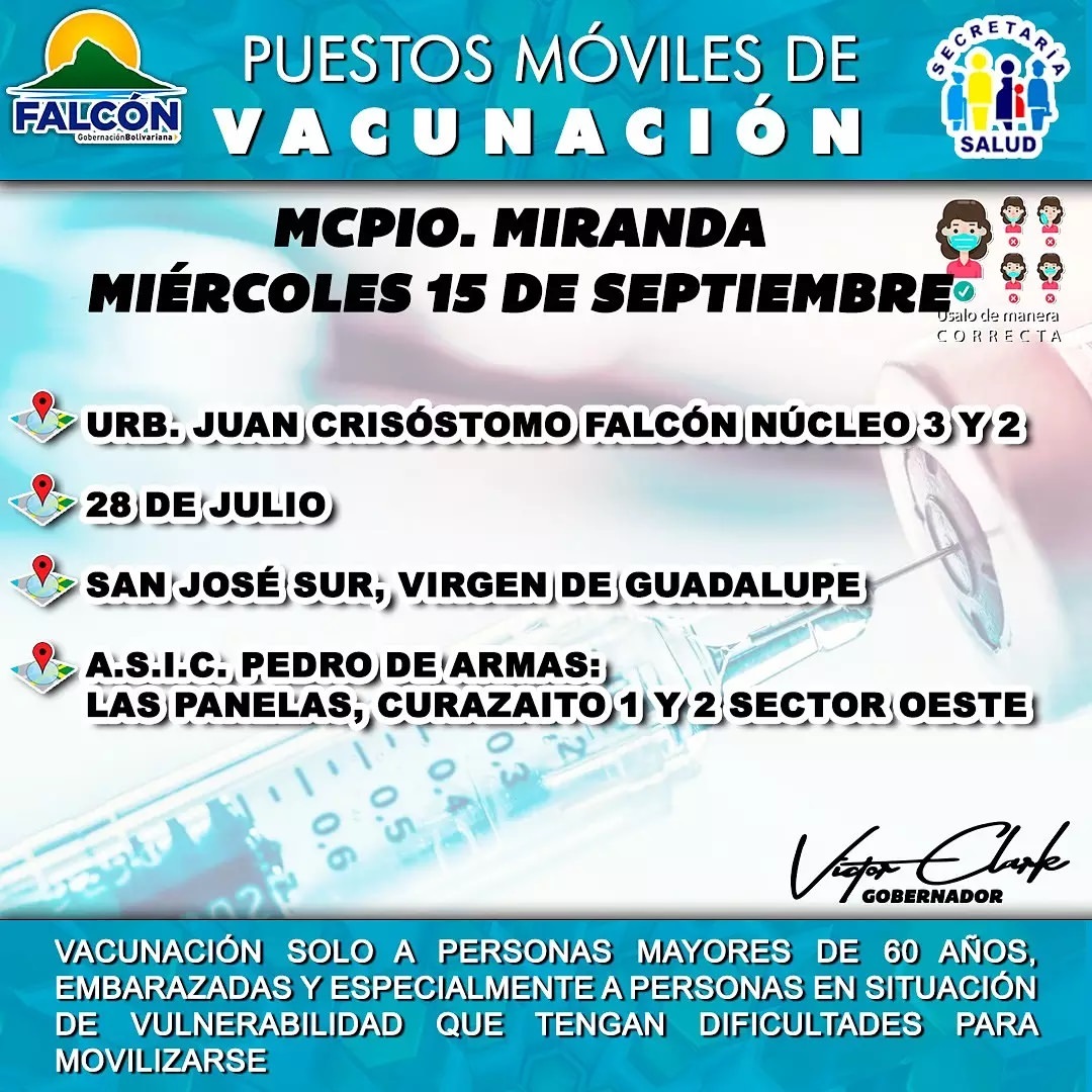 puertosdefalcon's tweet photo. Puntos Móviles de Vacunación para este miércoles, 15 de septiembre.

Seguimos avanzando con la Gobernación De Falcón https://t.co/uKaxEIBZEx