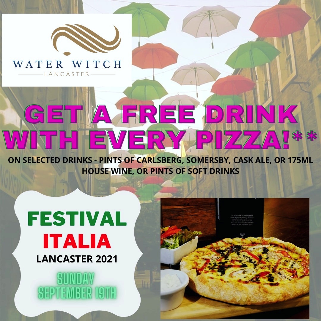 Lancaster_BID's tweet photo. During Festa Italia this Sunday 19th, you can get a FREE drink with every pizza at @thewaterwitch! Drink options include a pint of Carlsberg, Somersby, Cask Ale, or a soft drink, or a 175ml house wine. Enjoy! 🇮🇹 #lovelancaster #festaitalia https://t.co/kzVwfUxend