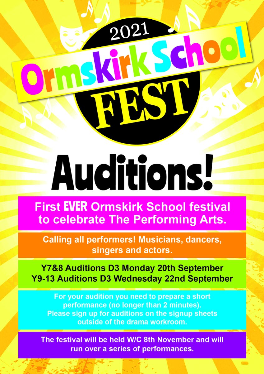 OrmskirkSchool's tweet photo. Ormskirk School students are invited to audition for the first ever Ormskirk School Fest. Please find information on the poster. #OSFest https://t.co/tryICobYHM