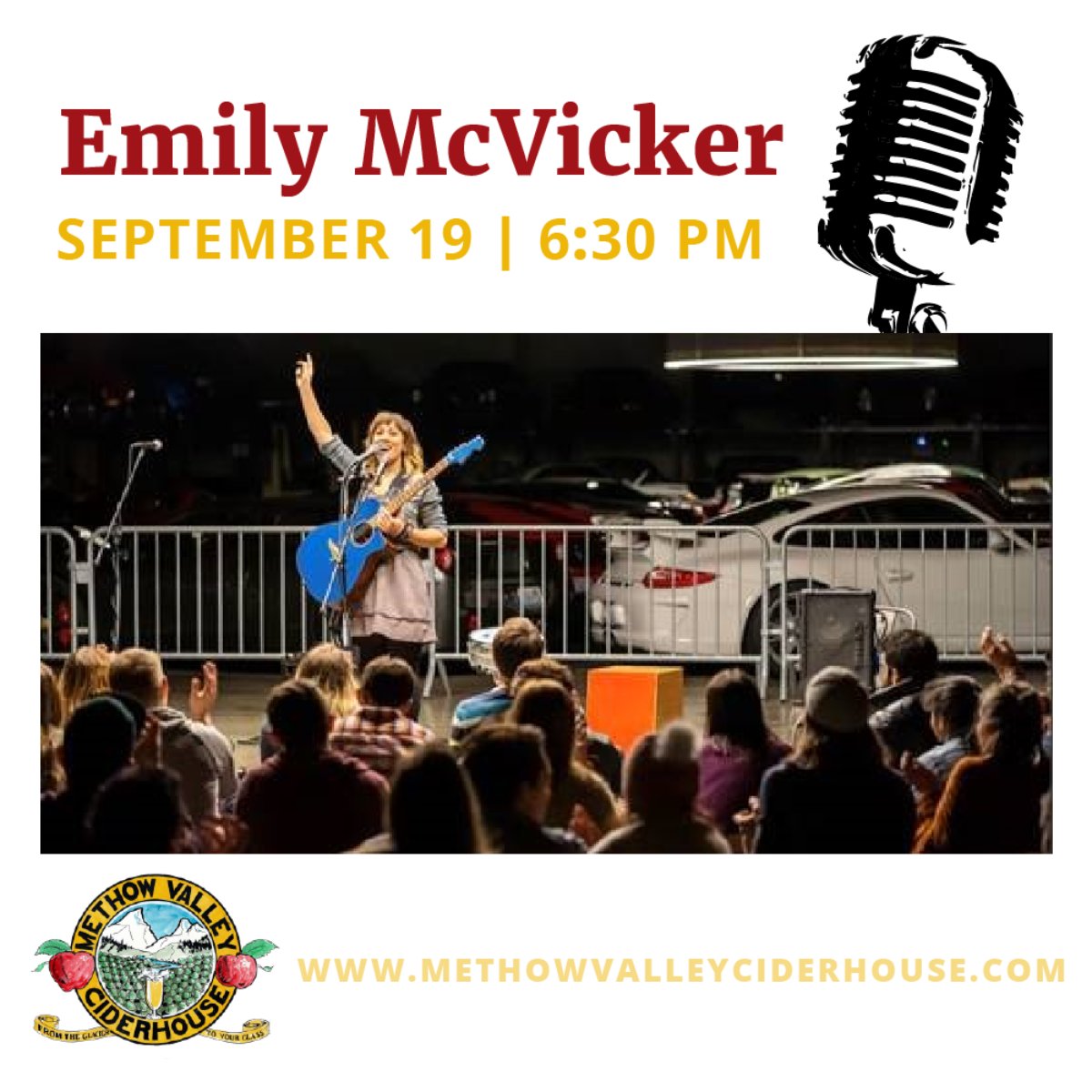 Quirky singer-songwriter Emily McVicker and her power trio will perform LIVE in the Ciderhouse's Apple Amphitheater next Sunday at 6:30 PM! Come hear her original music. You won't want to miss this! #MethowValleyCiderhouse #HardCider #CraftCider #CiderLife #CiderLife