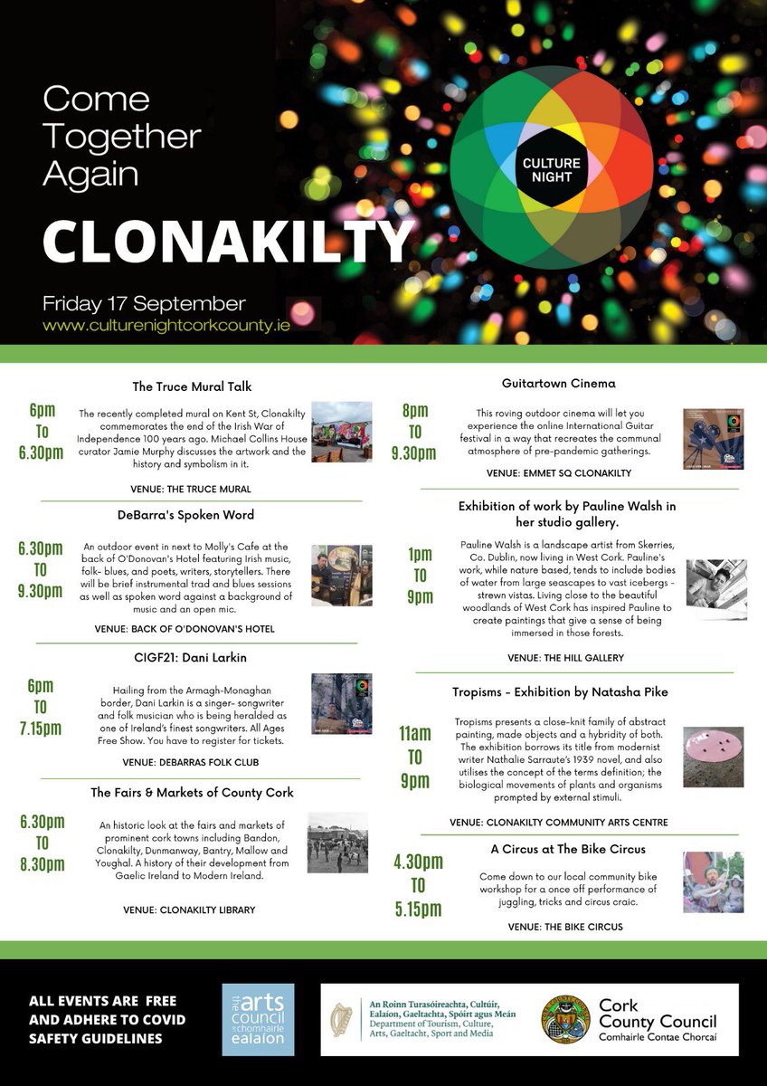 Lots of great #CultureNight events happening in #Clonakilty this Friday. Including a circus at The Bike Circus 4.30pm