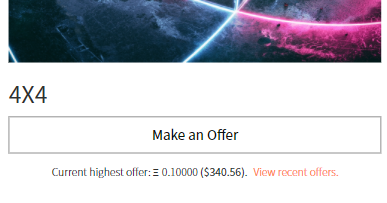 circuiteye's tweet photo. OMGGGGG!!
Finally after 30 fking days, I got an offer on @makersplaceco 😭❤️
.
4X4 now stands with a current offer of 0.1 $ETH
.
Will be holding this piece for a while, hoping to get higher bids😁✌️
.
Thankyouu so much to the anonymous collector for placing this offer🙏🙏 https://t.co/qVRaP5xuhF